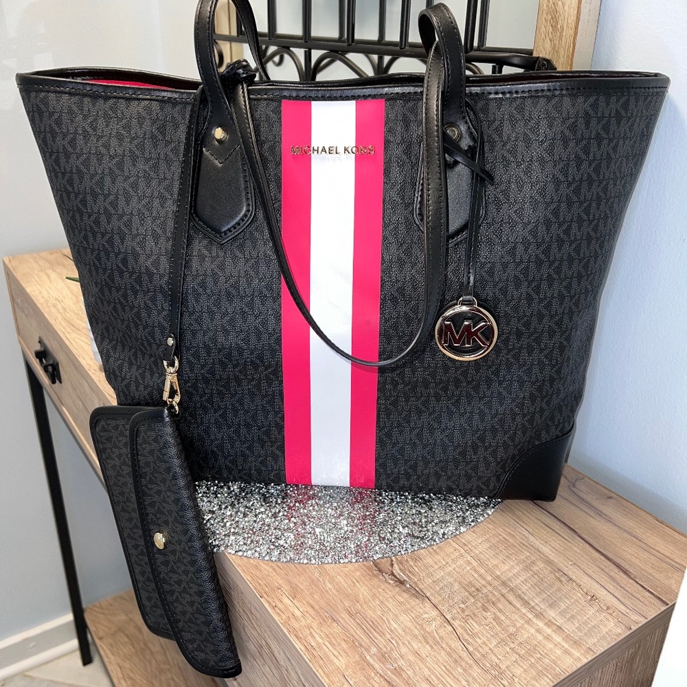 Hard to Find Michael Kors Hot Pink & Black Eva Stripe Tote - Picture 1 of 7